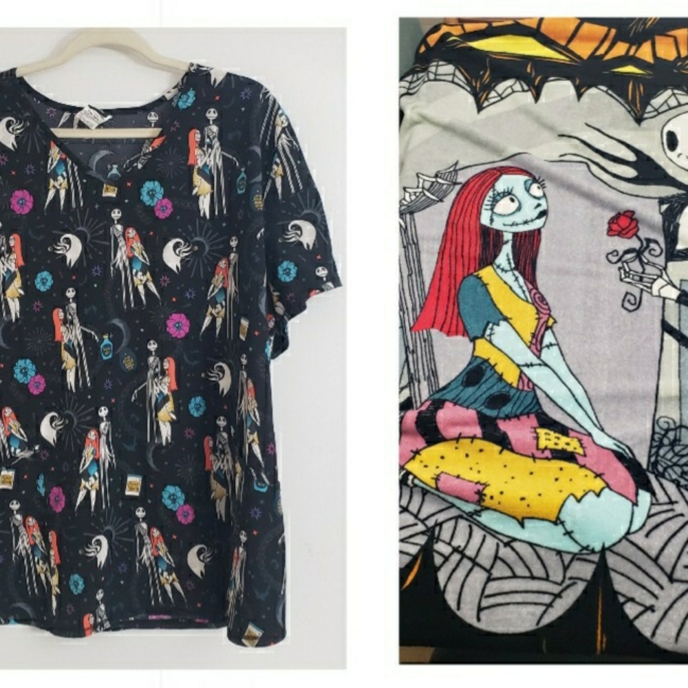 Nightmare Before Christmas 2x Scrub Top And A Fleece Blanket Bundle Or Seperate